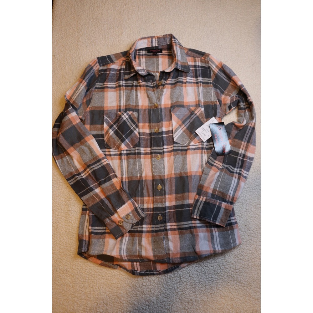 Canyon Creek Womens Plaid Flannel Button Down Shirt Coral Gray White Size M NWT